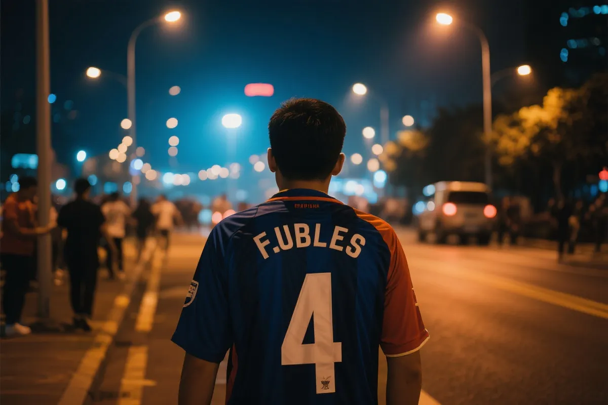 赛后球迷在城市街头行走，灯光与余热交织的夜景氛围