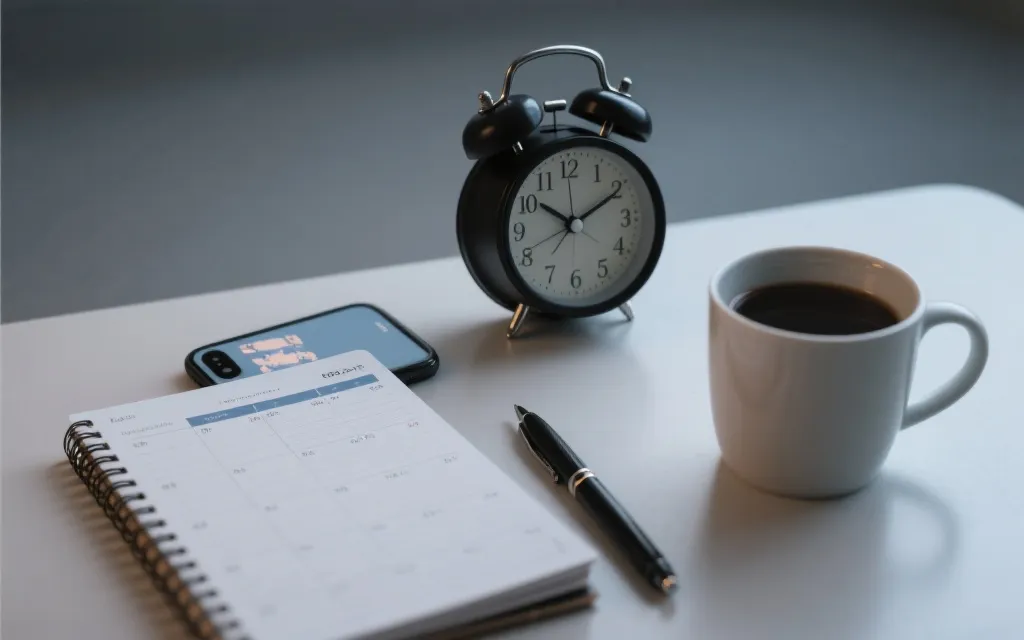 手机闹钟与日程表并列,旁边是热饮与笔记本,象征熬夜观赛的时间管理